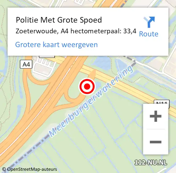 Locatie op kaart van de 112 melding: Politie Met Grote Spoed Naar Zoeterwoude, A4 hectometerpaal: 33,4 op 4 maart 2024 08:08