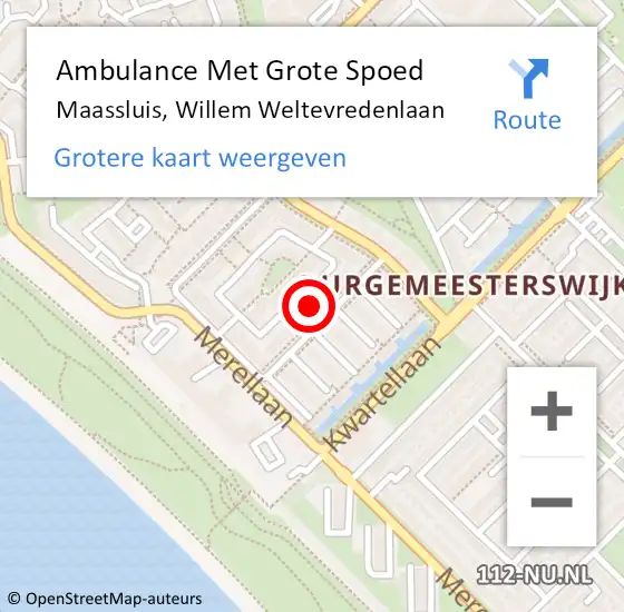 Locatie op kaart van de 112 melding: Ambulance Met Grote Spoed Naar Maassluis, Willem Weltevredenlaan op 4 maart 2024 09:33