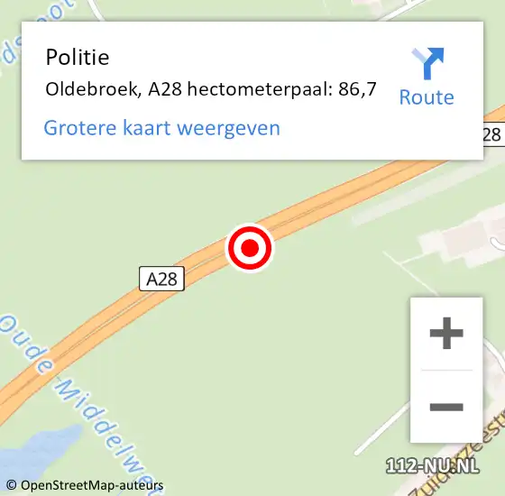Locatie op kaart van de 112 melding: Politie Oldebroek, A28 hectometerpaal: 86,7 op 4 maart 2024 11:59