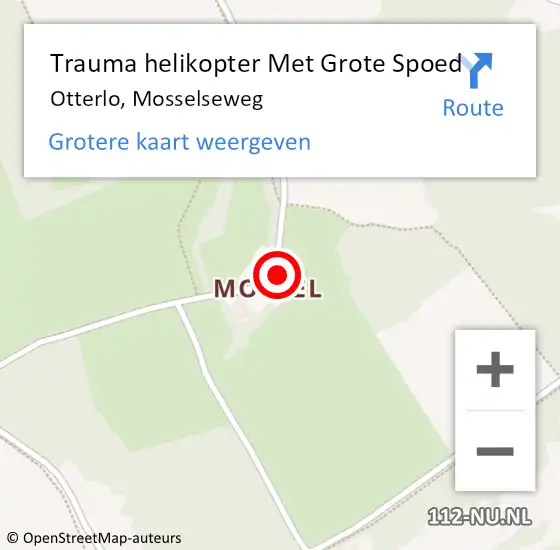 Locatie op kaart van de 112 melding: Trauma helikopter Met Grote Spoed Naar Otterlo, Mosselseweg op 4 maart 2024 16:41