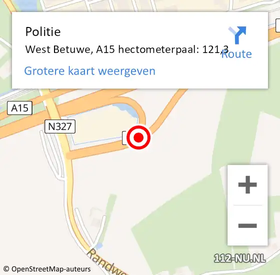 Locatie op kaart van de 112 melding: Politie West Betuwe, A15 hectometerpaal: 121,3 op 4 maart 2024 17:29