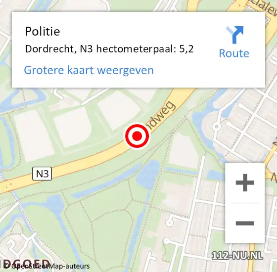 Locatie op kaart van de 112 melding: Politie Dordrecht, N3 hectometerpaal: 5,2 op 4 maart 2024 17:36