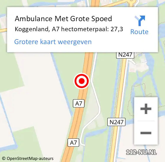 Locatie op kaart van de 112 melding: Ambulance Met Grote Spoed Naar Koggenland, A7 hectometerpaal: 27,3 op 4 maart 2024 18:22
