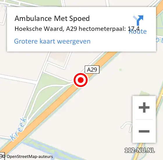 Locatie op kaart van de 112 melding: Ambulance Met Spoed Naar Hoeksche Waard, A29 hectometerpaal: 17,4 op 4 maart 2024 20:06