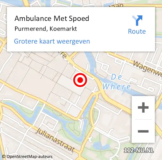Locatie op kaart van de 112 melding: Ambulance Met Spoed Naar Purmerend, Koemarkt op 5 maart 2024 02:28