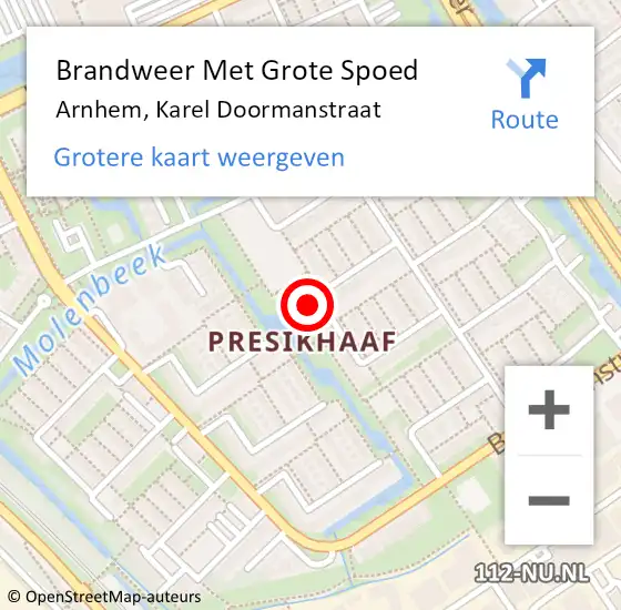 Locatie op kaart van de 112 melding: Brandweer Met Grote Spoed Naar Arnhem, Karel Doormanstraat op 5 maart 2024 03:32