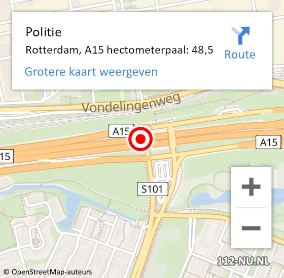 Locatie op kaart van de 112 melding: Politie Rotterdam, A15 hectometerpaal: 48,5 op 5 maart 2024 06:23