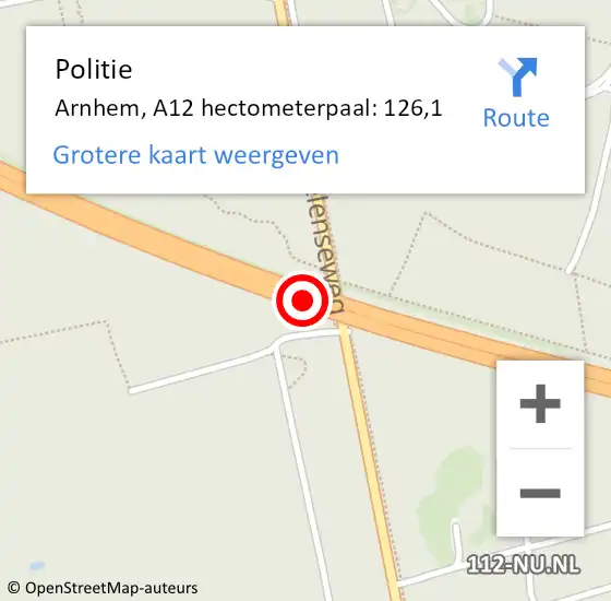 Locatie op kaart van de 112 melding: Politie Arnhem, A12 hectometerpaal: 126,1 op 5 maart 2024 07:06