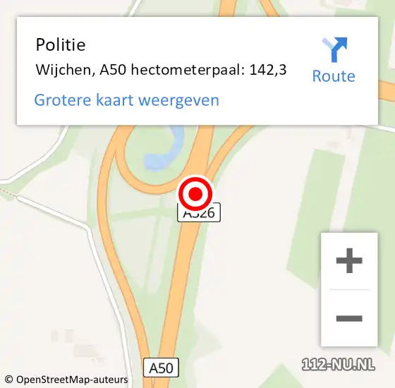 Locatie op kaart van de 112 melding: Politie Wijchen, A50 hectometerpaal: 142,3 op 5 maart 2024 07:17
