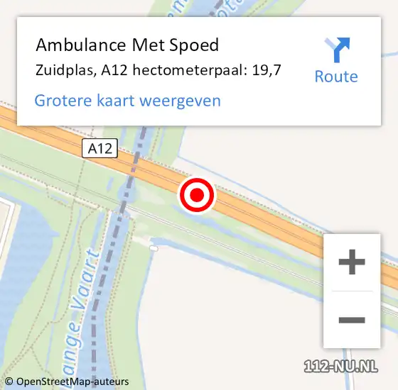 Locatie op kaart van de 112 melding: Ambulance Met Spoed Naar Zuidplas, A12 hectometerpaal: 19,7 op 5 maart 2024 07:34