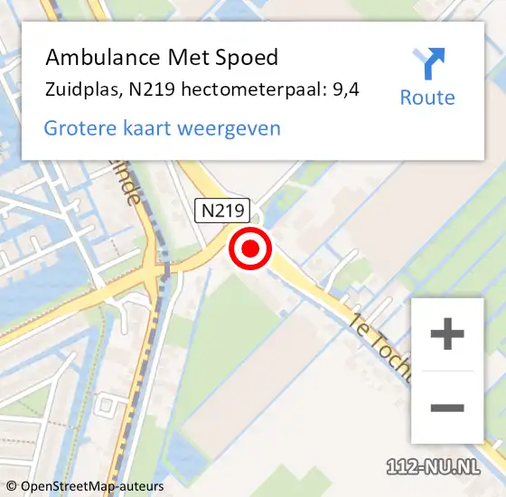 Locatie op kaart van de 112 melding: Ambulance Met Spoed Naar Zuidplas, N219 hectometerpaal: 9,4 op 5 maart 2024 08:11