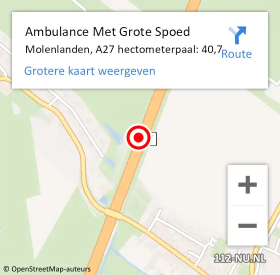 Locatie op kaart van de 112 melding: Ambulance Met Grote Spoed Naar Molenlanden, A27 hectometerpaal: 40,7 op 5 maart 2024 10:04