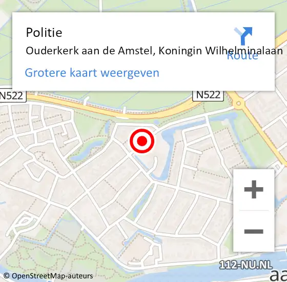 Locatie op kaart van de 112 melding: Politie Ouderkerk aan de Amstel, Koningin Wilhelminalaan op 28 september 2014 03:20