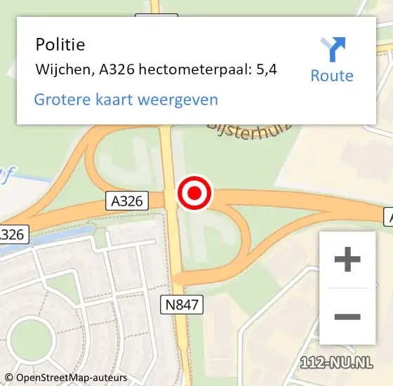 Locatie op kaart van de 112 melding: Politie Wijchen, A326 hectometerpaal: 5,4 op 5 maart 2024 11:03