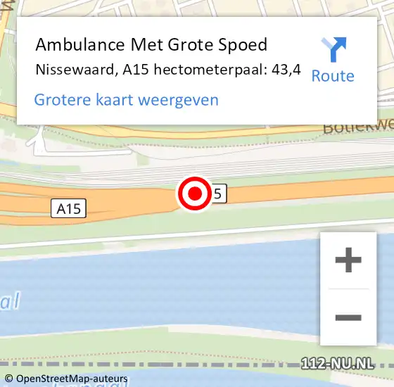 Locatie op kaart van de 112 melding: Ambulance Met Grote Spoed Naar Nissewaard, A15 hectometerpaal: 43,4 op 5 maart 2024 14:02