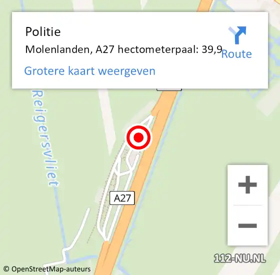 Locatie op kaart van de 112 melding: Politie Molenlanden, A27 hectometerpaal: 39,9 op 5 maart 2024 14:18