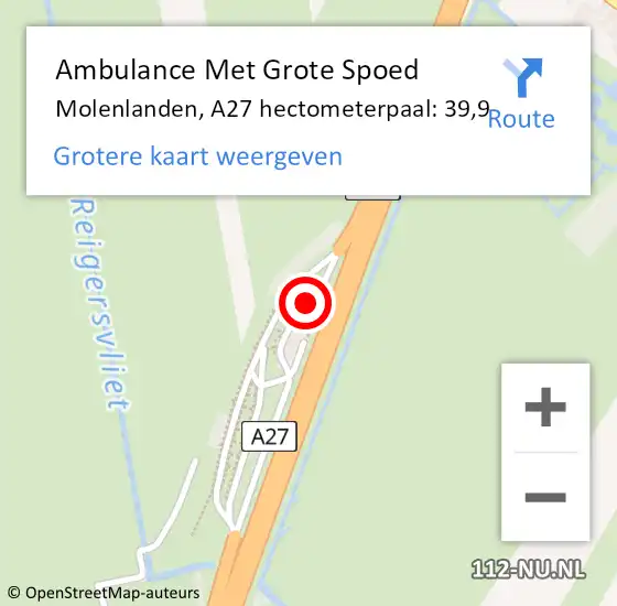 Locatie op kaart van de 112 melding: Ambulance Met Grote Spoed Naar Molenlanden, A27 hectometerpaal: 39,9 op 5 maart 2024 14:19