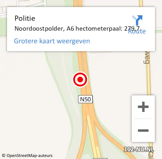 Locatie op kaart van de 112 melding: Politie Noordoostpolder, A6 hectometerpaal: 279,7 op 5 maart 2024 14:40