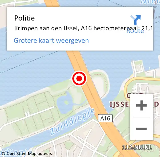 Locatie op kaart van de 112 melding: Politie Krimpen aan den IJssel, A16 hectometerpaal: 21,1 op 5 maart 2024 16:47