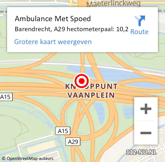 Locatie op kaart van de 112 melding: Ambulance Met Spoed Naar Barendrecht, A29 hectometerpaal: 10,2 op 5 maart 2024 16:51