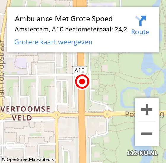 Locatie op kaart van de 112 melding: Ambulance Met Grote Spoed Naar Amsterdam, A10 hectometerpaal: 24,2 op 5 maart 2024 19:40