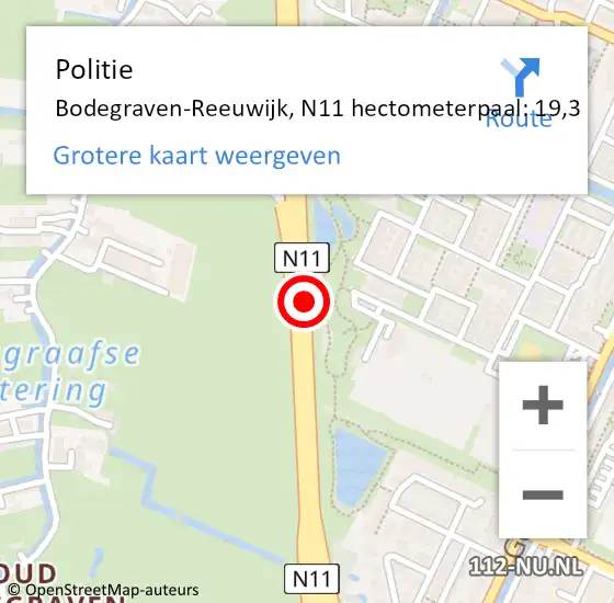 Locatie op kaart van de 112 melding: Politie Bodegraven-Reeuwijk, N11 hectometerpaal: 19,3 op 5 maart 2024 20:17