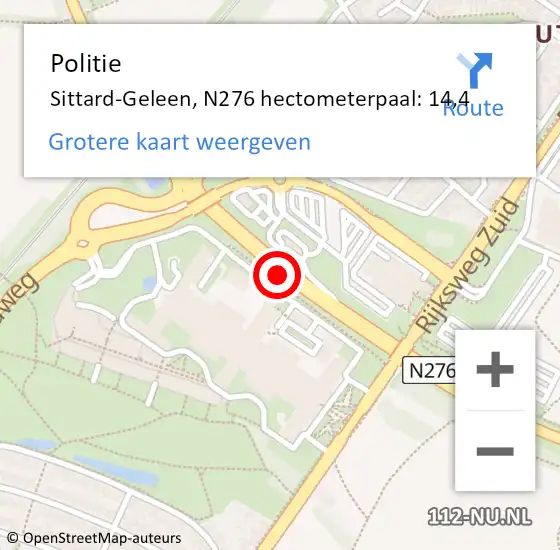 Locatie op kaart van de 112 melding: Politie Sittard-Geleen, N276 hectometerpaal: 14,4 op 5 maart 2024 20:52