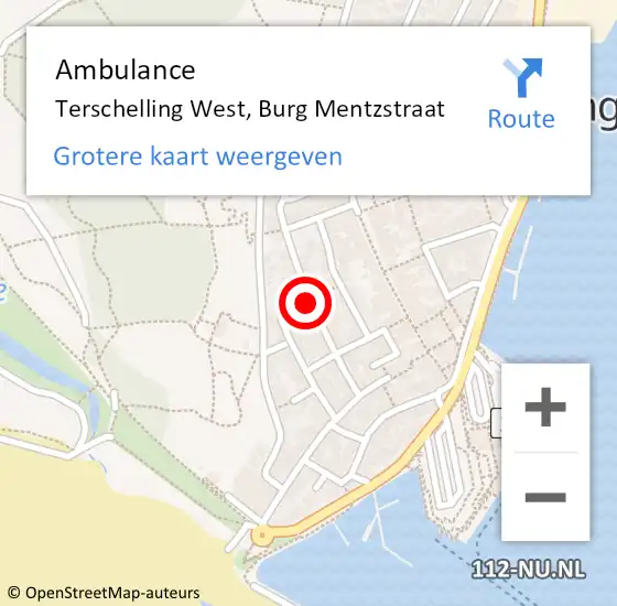 Locatie op kaart van de 112 melding: Ambulance Terschelling West, Burg Mentzstraat op 28 september 2014 06:35