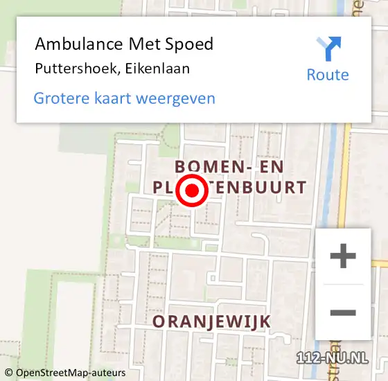 Locatie op kaart van de 112 melding: Ambulance Met Spoed Naar Puttershoek, Eikenlaan op 5 maart 2024 21:35