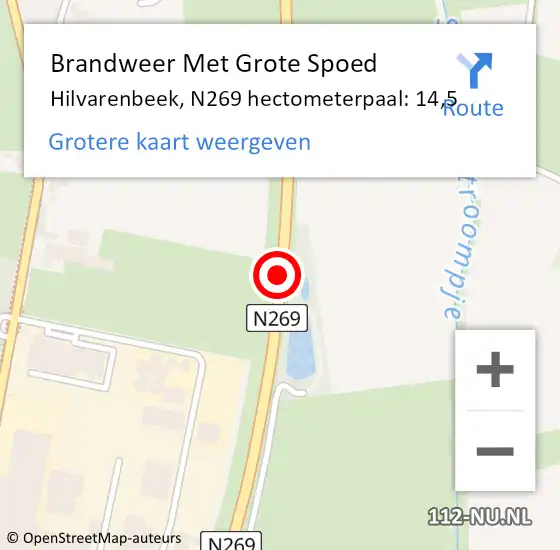 Locatie op kaart van de 112 melding: Brandweer Met Grote Spoed Naar Hilvarenbeek, N269 hectometerpaal: 14,5 op 6 maart 2024 00:24