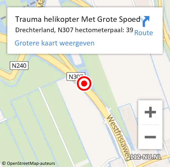 Locatie op kaart van de 112 melding: Trauma helikopter Met Grote Spoed Naar Drechterland, N307 hectometerpaal: 39 op 6 maart 2024 09:04