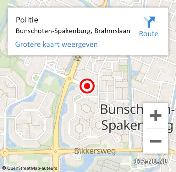 Locatie op kaart van de 112 melding: Politie Bunschoten-Spakenburg, Brahmslaan op 6 maart 2024 10:08