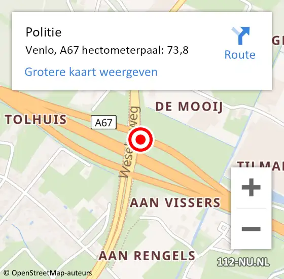 Locatie op kaart van de 112 melding: Politie Venlo, A67 hectometerpaal: 73,8 op 6 maart 2024 11:12