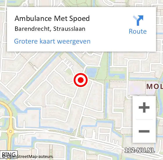 Locatie op kaart van de 112 melding: Ambulance Met Spoed Naar Barendrecht, Strausslaan op 6 maart 2024 17:01