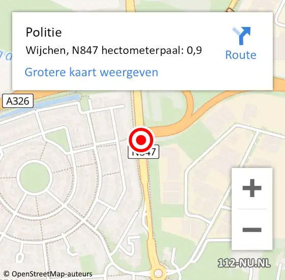 Locatie op kaart van de 112 melding: Politie Wijchen, N847 hectometerpaal: 0,9 op 6 maart 2024 21:03