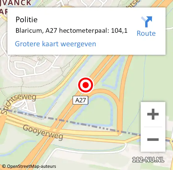 Locatie op kaart van de 112 melding: Politie Blaricum, A27 hectometerpaal: 104,1 op 7 maart 2024 03:43