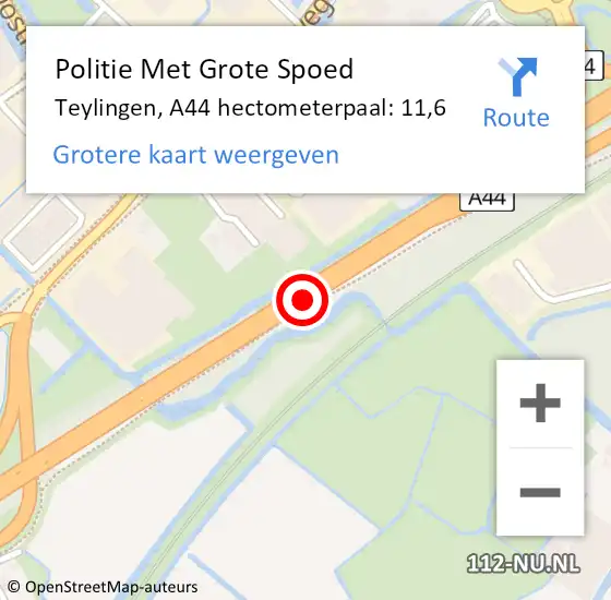 Locatie op kaart van de 112 melding: Politie Met Grote Spoed Naar Teylingen, A44 hectometerpaal: 11,6 op 7 maart 2024 07:53