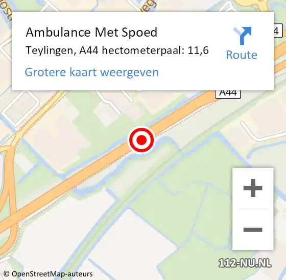 Locatie op kaart van de 112 melding: Ambulance Met Spoed Naar Teylingen, A44 hectometerpaal: 11,6 op 7 maart 2024 08:21