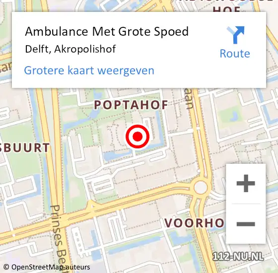 Locatie op kaart van de 112 melding: Ambulance Met Grote Spoed Naar Delft, Akropolishof op 7 maart 2024 10:03
