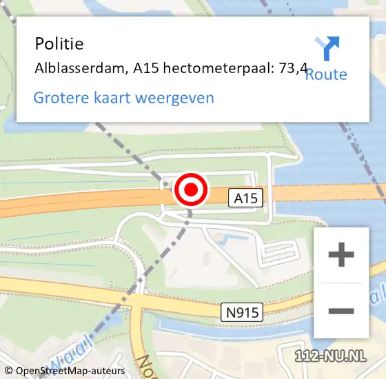 Locatie op kaart van de 112 melding: Politie Alblasserdam, A15 hectometerpaal: 73,4 op 7 maart 2024 11:15