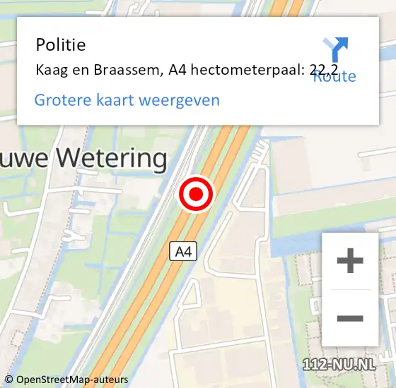 Locatie op kaart van de 112 melding: Politie Kaag en Braassem, A4 hectometerpaal: 22,2 op 7 maart 2024 12:56