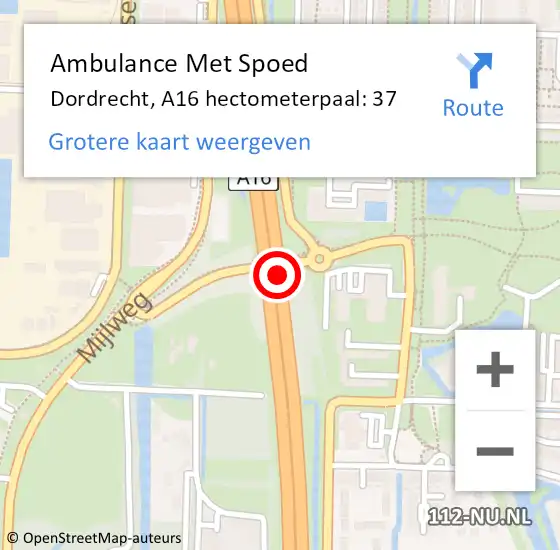 Locatie op kaart van de 112 melding: Ambulance Met Spoed Naar Dordrecht, A16 hectometerpaal: 37 op 7 maart 2024 14:50