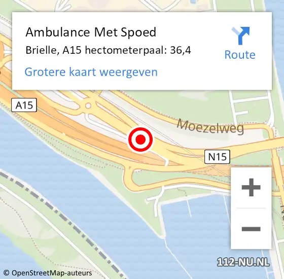 Locatie op kaart van de 112 melding: Ambulance Met Spoed Naar Brielle, A15 hectometerpaal: 36,4 op 7 maart 2024 14:53