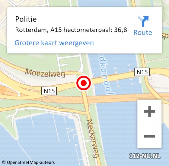 Locatie op kaart van de 112 melding: Politie Rotterdam, A15 hectometerpaal: 36,8 op 7 maart 2024 14:56