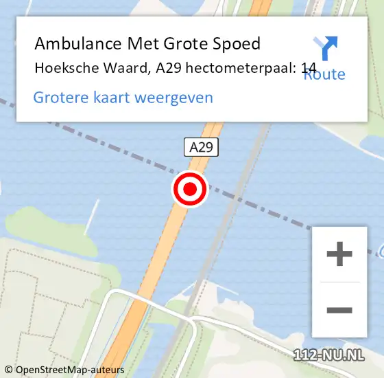 Locatie op kaart van de 112 melding: Ambulance Met Grote Spoed Naar Hoeksche Waard, A29 hectometerpaal: 14 op 7 maart 2024 15:58