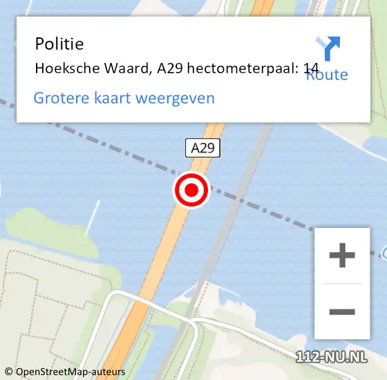 Locatie op kaart van de 112 melding: Politie Hoeksche Waard, A29 hectometerpaal: 14 op 7 maart 2024 15:58