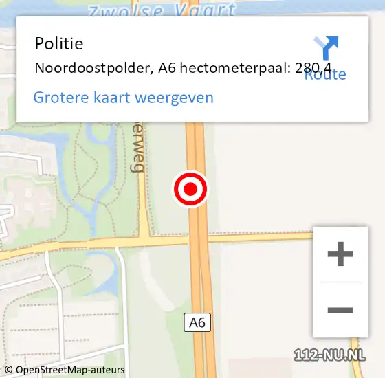Locatie op kaart van de 112 melding: Politie Noordoostpolder, A6 hectometerpaal: 280,4 op 7 maart 2024 16:09