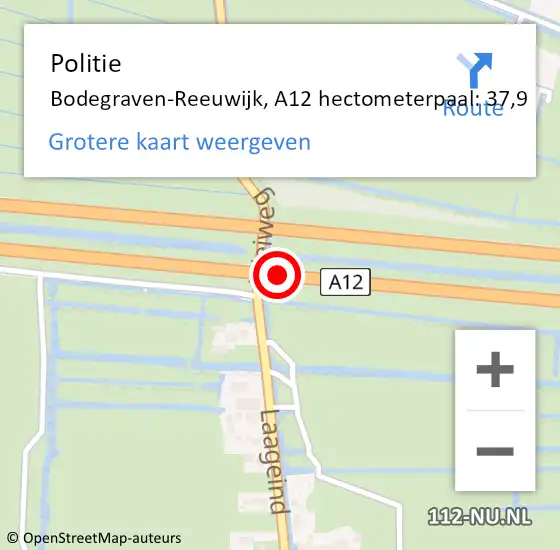 Locatie op kaart van de 112 melding: Politie Bodegraven-Reeuwijk, A12 hectometerpaal: 37,9 op 7 maart 2024 16:56