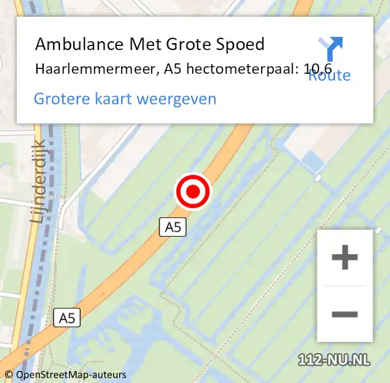 Locatie op kaart van de 112 melding: Ambulance Met Grote Spoed Naar Haarlemmermeer, A5 hectometerpaal: 10,6 op 7 maart 2024 18:45