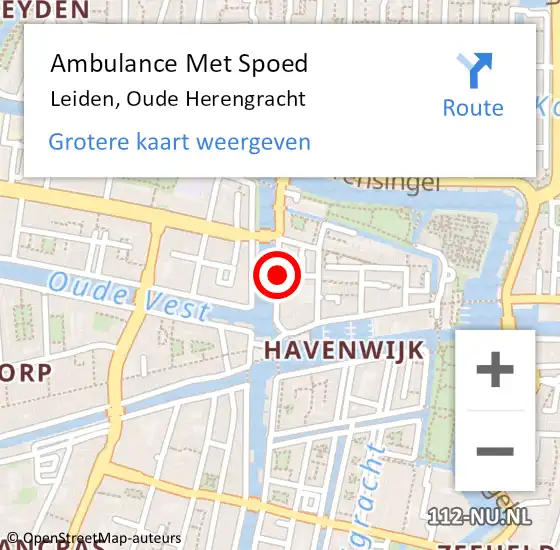 Locatie op kaart van de 112 melding: Ambulance Met Spoed Naar Leiden, Oude Herengracht op 7 maart 2024 23:19